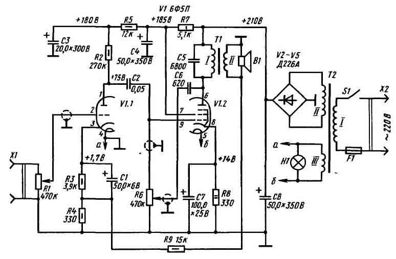 Принципиальная схема двухкаскадного усилителя на лампе 6Ф5П